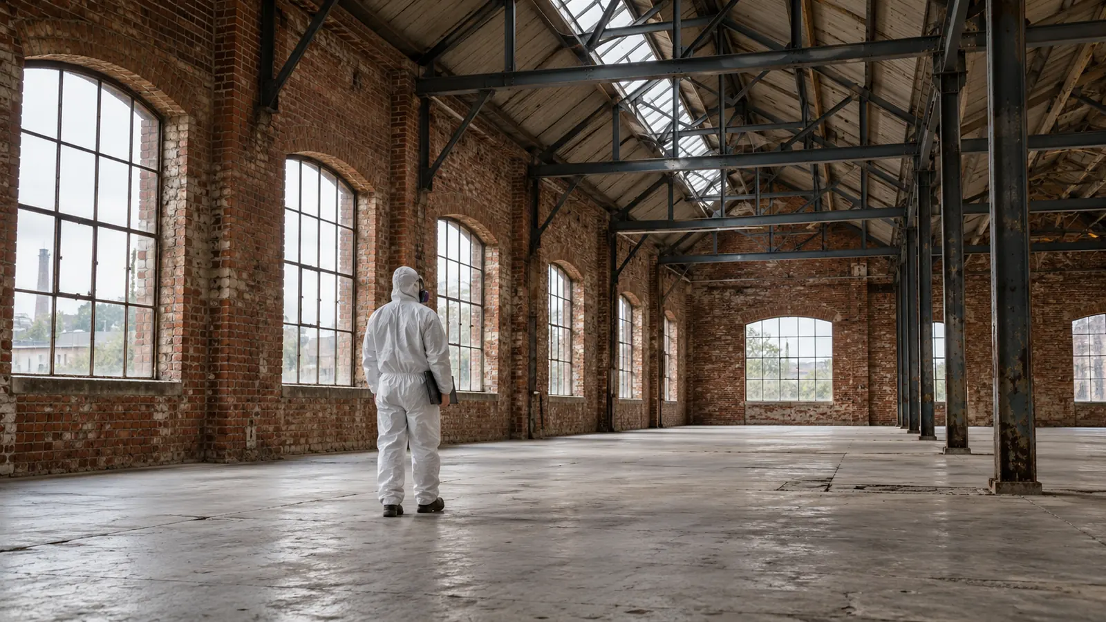 Surveyor inspecting an empty brick commercial mill with steel roof trusses