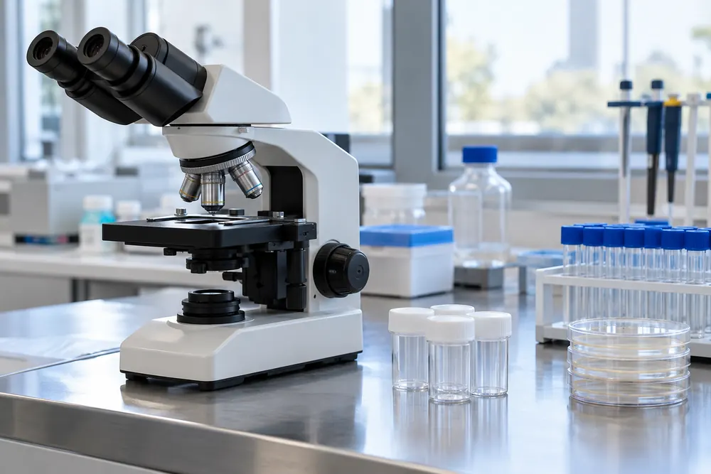 Polarised light microscope and sealed material samples on a laboratory bench